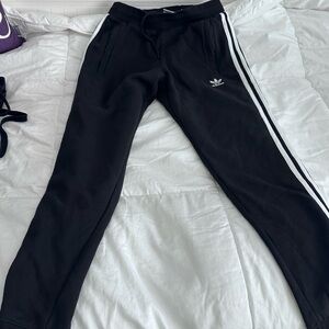 Adidas Mens Small Black Joggers with White Stripes